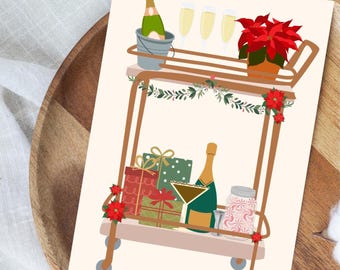 Holiday Bar Cart Card Champagne, Presents & Peppermint Cheer Mixology Cocktail Lovers Holiday Christmas Print Greeting Card 5x7