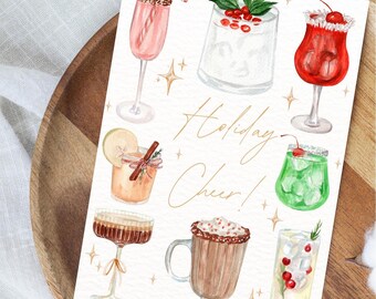 Holiday Cocktails Card Holiday Cheer Watercolor Gold Sparkles Christmas Winter Themed Drinks Fun Festive Christmas Greeting Card 5x7