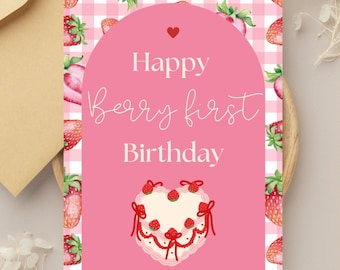 Baby's 1st Birthday Card Strawberry Berry First Birthday Cute Pink Red Strawberry Cake Themed Birthday Card Print Greeting Card 5x7