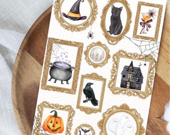 Vintage Halloween Frames Card Watercolor Spooky Art with Cauldron, Cat & Crystal Ball Beautiful Antique Cute Halloween Greeting Card 5x7
