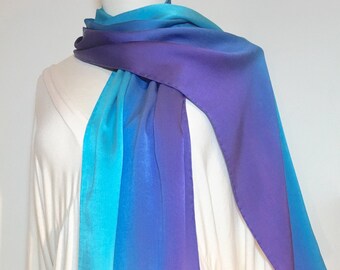 Hand Painted Silk Charmeuse Scarf, Turquoise Blue, Sapphire Blue, Violet, 100% silk, Handmade, Luxury Gift, Gift for Her