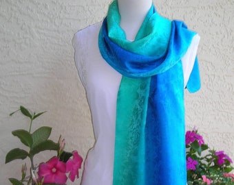 Silk Scarf, Elegant Silk Jacquard Scarf,  Hand Painted, 11.5"x68", Blue, Green, ETSY, Anna Champagne Silks, Handmade