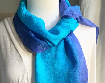 Silk Scarf, Charmeuse, Hand Painted 100% Silk Jacquard Scarf Scarf - Turquoise Blue, Blue, Violet