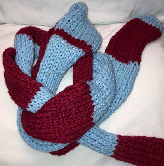 Hand Knit Stockinette Stitch Red And Blue Scarf