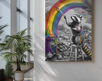 Arte colorata del procione / Decorazione murale del panda della spazzatura / Street art arcobaleno / Stampa su tela vibrante / Regalo ecologico