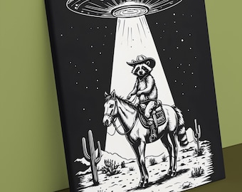 Lienzo con mapache vaquero y ovni / Arte de pared extraterrestre del oeste / Decoración divertida de ciencia ficción / Arte espacial en blanco y negro / Impresión surrealista del desierto