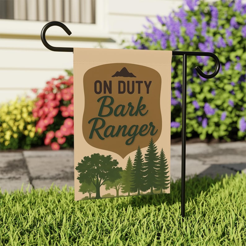 On Duty Bark Ranger Flag | Dog Yard Sign | National Park Dog Lover Gift | Garden Flag for Pet Owners | Outdoor Decor | Double-Sided Banner image 2