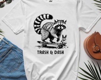 Trash & Dash | Funny Raccoon Skateboarding Shirt | Trash Panda Tee | Skater Animal T-Shirt | Gift for Skateboarders | Urban Wildlife Humor