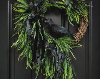 Gothic Black Crow Halloween Wreath, Elegant Black Raven Front Door Wreath, Cascading Sawgrass Fall Wreath, Spooky Halloween Front Door Decor