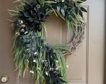 Elegant Gothic Halloween Wreath, Black Front Door Wreath, Cascading Sawgrass Wreath with Black Magnolias, Halloween Front Porch Decor