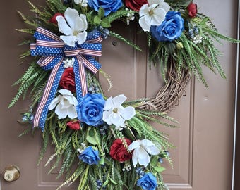 XL Cascading Patriotic American Flag Door Wreath, Memorial Day Wreath, Red White Blue Floral Wreath, Flag Day Wreath, 4th of July Decor