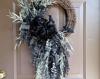 Elegant Halloween Wreath, Black Mums Floral Wreath with Bats, Cascading Halloween Front Door Wreath, Gothic Black Fall Wreath, Fall Decor