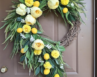 Large Lemon Front Door Wreath with Yellow Peonies, Cascading Sawgrass Wreath, Summer Wreath, Yellow Peony Dahlia Floral Wreath, Lemon Decor