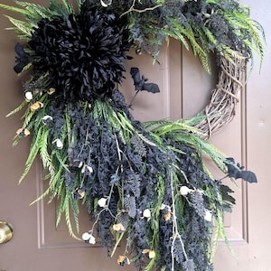 Elegant Gothic Cascading Sawgrass Halloween Front Door Wreath, Black Bat Wreath, Spooky Halloween Door Decor, Black Mums Fall Wreath