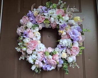 Easter Pink Purple Spring Front Door Wreath, Pastel Flower Spring Wreath, Pink Ranuculus Easter Wreath, Mother's Day Gift