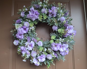 Lavender Eucalyptus Spring Wreath with Italian Ruscus, Elegant Farmhouse Wreath, Purple Flower Wreath, Summer Rosemary Herb Wreath