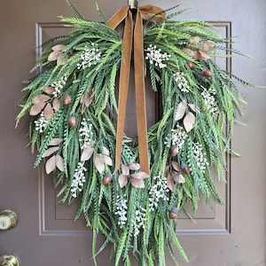 Neutral Fall Cascading Sawgrass Greenery Front Door Wreath, Autumn to Winter Bead Grass Button Leaf & Laurel Wreath, Front Door Decor