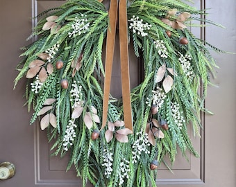 Neutral Fall Cascading Sawgrass Greenery Front Door Wreath, Autumn to Winter Bead Grass Button Leaf & Laurel Wreath, Front Door Decor
