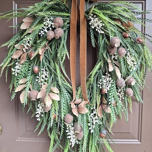 Neutral Fall Cascading Sawgrass Greenery Front Door Wreath, Autumn Bead Grass Button Leaf & Laurel Wreath, Fall Housewarming Gift