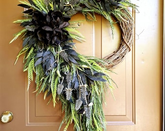 Elegant Gothic Halloween Wreath, Black Front Door Wreath, Cascading Sawgrass Wreath with Black Magnolias, Halloween Front Porch Decor