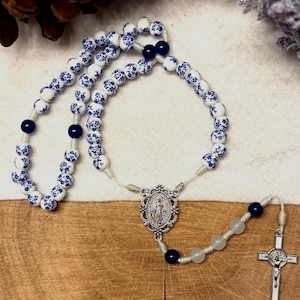 Ceramic Flower Rosaries, Knotted Rope Rosary with Hand Painted Ceramic Beads.