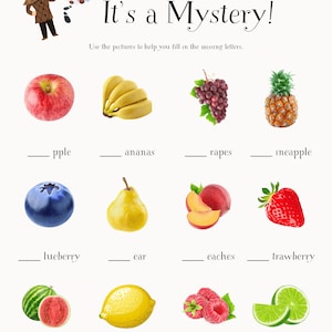 Puede incluir: Una hoja de trabajo con imágenes de diferentes frutas y los nombres de las frutas con letras que faltan. La hoja de trabajo está diseñada para ayudar a los niños a aprender los sonidos iniciales de las palabras.