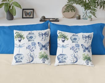 Chinoiserie Kissen: Blau & Weiß Blumenkissen, Vintage Dekokissen