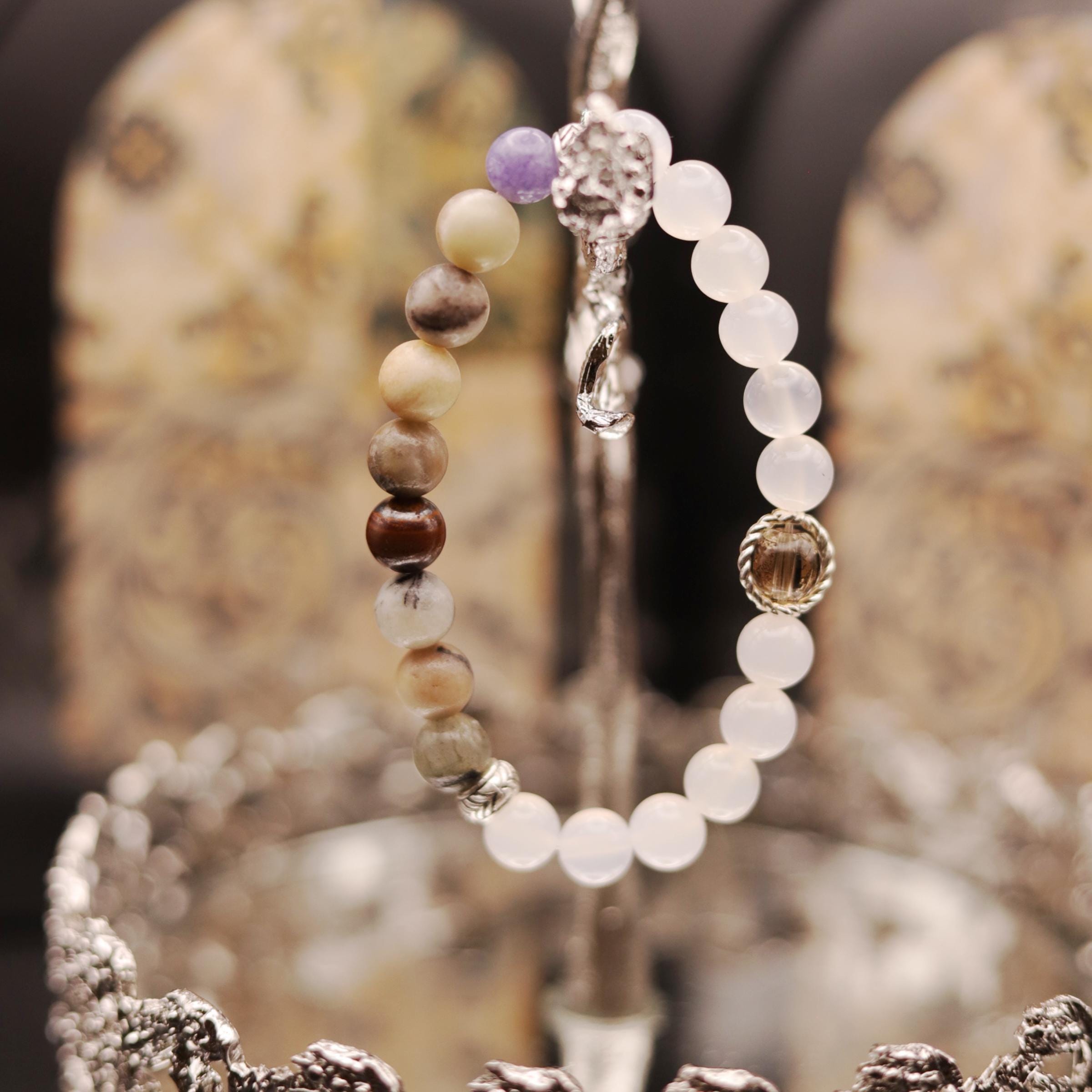 New year gift, Natural Crystal Bracelet for Energy Healing, Handmade Gemstone Jewelry, White Agate,Jasper