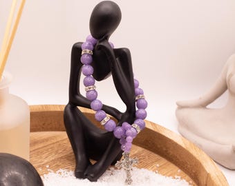 New year Gift, Crystal Bracelet with Cross Pendant, Spiritual Jewelry, Natural Amethyst-Inspired Purple Beads for Healing & Meditation