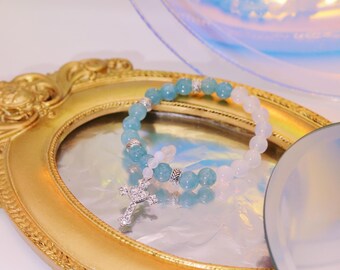 New year gift, Elegant Aquamarine beaded bracelet - Crystal Bracelet for Energy Healing, Handmade Gemstone Jewelry with silver cross