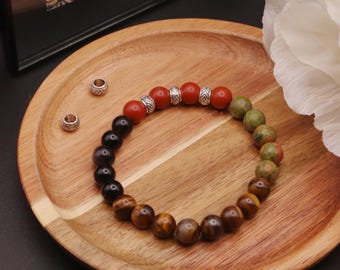 Handmade Energy Healing Bracelet for Him - Unique Red Jasper and Tiger&#39;s Eye Design
