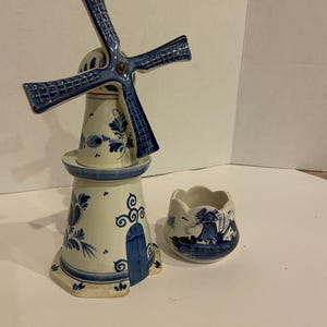 Hoppe Distilleries vintage blue Delft decanter Windmill and Delft Tulip Style Candlestick Holder 1940s Amsterdam Holland