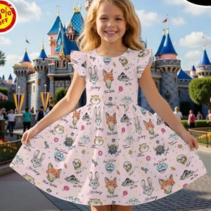 May include: A light pink dress featuring a pattern of cartoon animal faces and donuts. The dress has short sleeves with ruffled edges. The background includes a castle and the text "CUSTOM ANY REQUESTS".