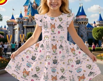 Zootopia Characters Signature sketch Ruffle Dress,  land Trip Sleeve Dress, Zootropolis Judy Hopps Nick Gary Nibbles Bogo Dress