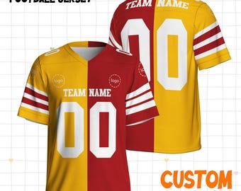 Camisa de futebol personalizada, qualquer time, vermelho e azul-petróleo, uniforme dividido, roupa personalizada para presente, presentes de Natal para ele