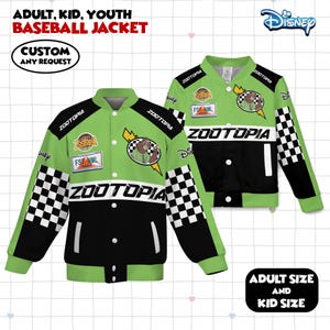 May include: Two green and black Zootopia baseball jackets. The jackets have white checkered sleeves, the word "Zootopia" in white, and patches with cartoon characters. The text "ADULT, KID, YOUTH BASEBALL JACKET" is at the top.
