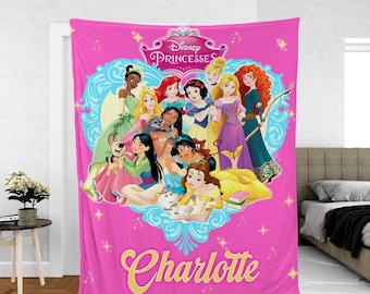Personalized Disney Princess blanket, Watercolor Castle Coquette bows Blanket, Belle Rapunzel Tiana Ariel Elsa blanket, Birthday Girl gift