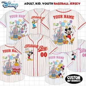 May include: Baseball jerseys featuring Disney characters. The jerseys are white with red or pink trim and showcase characters such as Mickey Mouse, Minnie Mouse, and Goofy. Some jerseys have "YOUR NAME" printed on them, while others say "Birthday Boy" or "Birthday Girl".