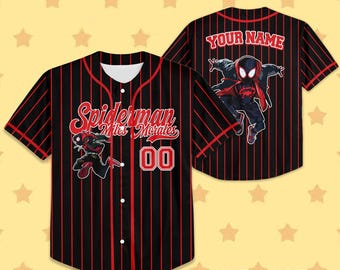 Custom Disney Spiderman Spiderverse Miles Morales Black Baseball jersey, Spidey Baseball Jersey, Gift for Spider Fan, Spider Man Birthday