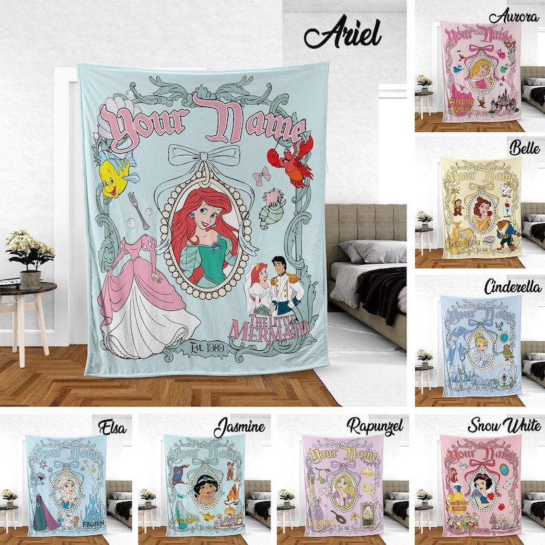 May include: A light blue blanket featuring Ariel from The Little Mermaid, with the text "Your Name" and "Est. 1989". The design includes illustrations of Ariel, Flounder, Sebastian, and other elements from the movie.