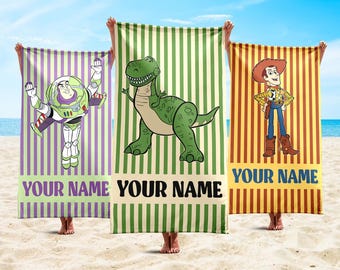 Serviette de plage personnalisée Disney Toy Story tous les personnages à rayures, serviettes de fête à la piscine Woody Buzz l'Éclair, serviette de demoiselle d'honneur, cadeau d'anniversaire