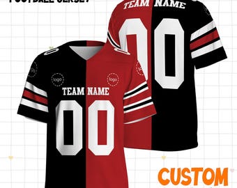 Camisa de futebol personalizada, qualquer time, vermelho e azul-petróleo, uniforme dividido, roupa personalizada para presente, presentes de Natal para ele