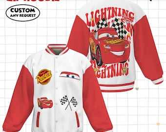 Lightning McQueen Disney Pixar Car Kids and Youth Baseball Jacket, Aldult Unisex Varsity Baseball Jacket, Lightning Mcqueen Baseball Jacket