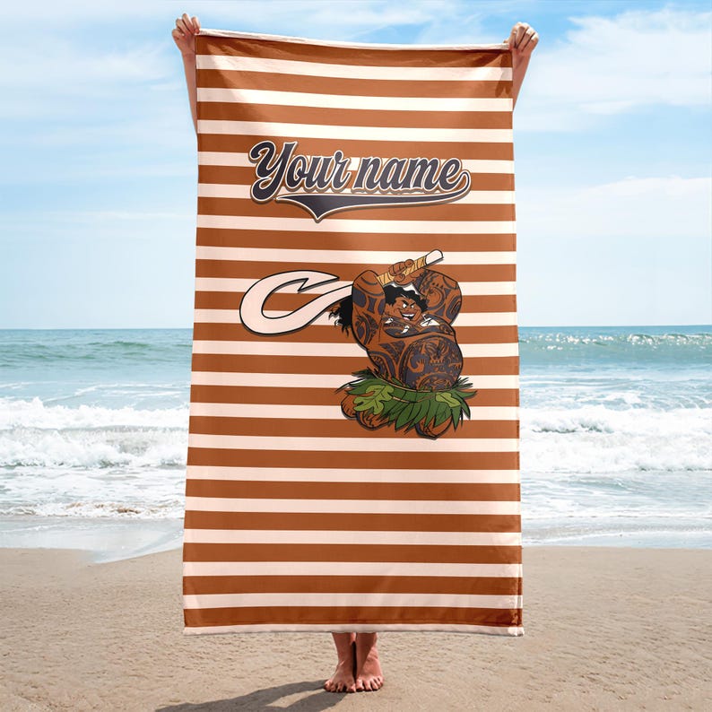 May include: A brown and white striped beach towel with a cartoon character holding a hook. The text "Your name" is printed on the towel.