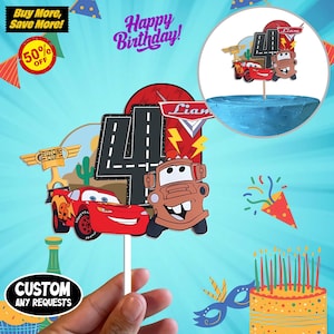 May include: A birthday cake topper featuring Lightning McQueen and Mater from the Cars movie. The design includes a road with the number 4, the name "Liam", and the text "Happy Birthday!". The topper is held by a white stick.