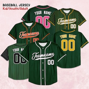 May include: Baseball jerseys in various designs. The jerseys are primarily green with white, orange, pink, and yellow accents. Each jersey features a team name, number, and the option for a personalized name. The text "BASEBALL JERSEY Kid/Youth/Adult" is visible.