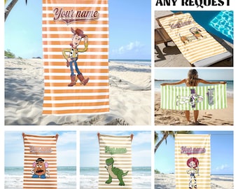 Toalla de playa personalizada a rayas de Toy Story, toallas para fiestas en la piscina de Woody y Buzz Lightyear, toalla de dama de honor de estilo retro, regalo de cumpleaños