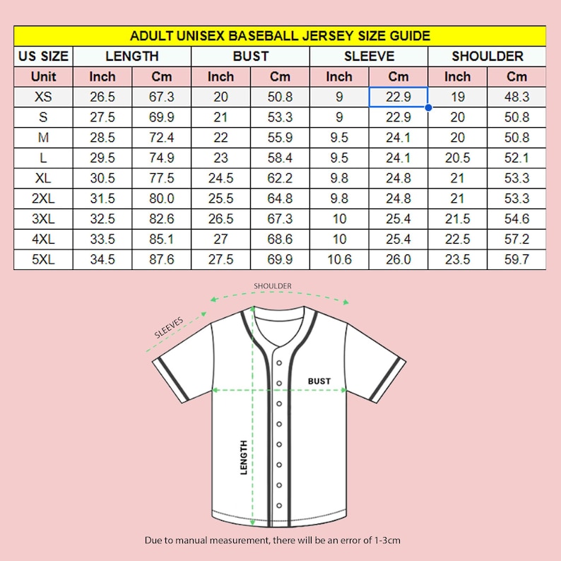 the size chart for a baseball jersey