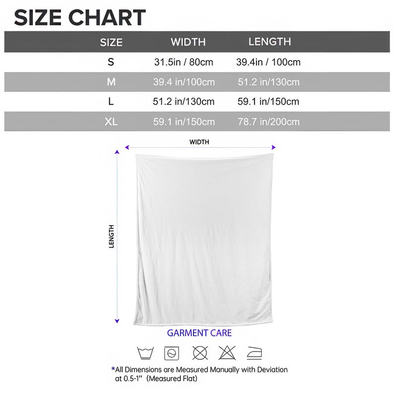 May include: A white blanket with a size chart. The chart shows sizes S, M, L, and XL, with corresponding widths and lengths in inches and centimeters. The blanket's dimensions are provided, with the XL size measuring 59.1 inches wide and 78.7 inches long.