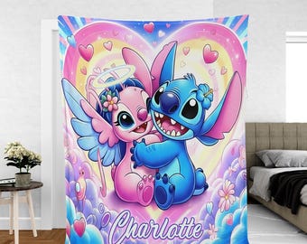 Personalized Name Stitch Angel Blanket, Custom   Blanket, Stitch Blanket,   Trip Blanket, Ohana Means Family, Stitch Birthday